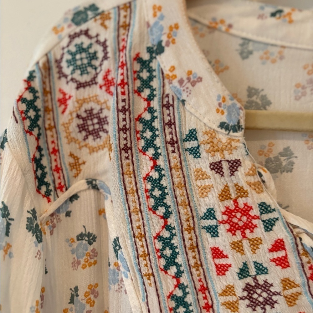 Democracy Bohemian Floral Aztec Oversized Multicolor Tie Neck Tunic Top Size L - Picture 5 of 15